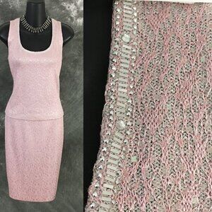BEAUTIFUL st john couture knit pink embellished top skirt suit size 6 8